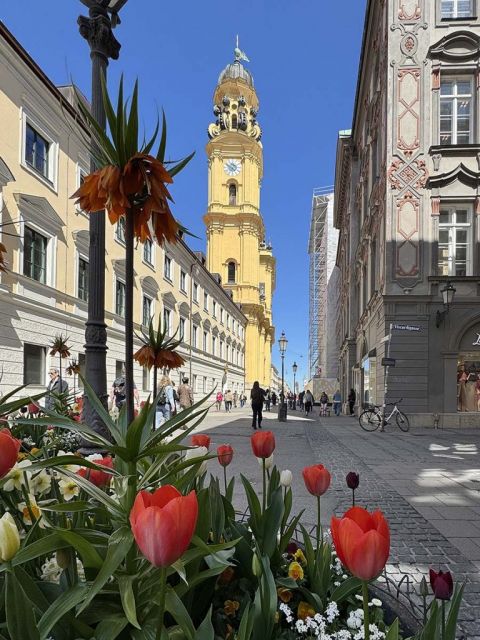 Fotospot München mit dem Smartphone mit der Theatinerkirche und Blumen im Vordergrund