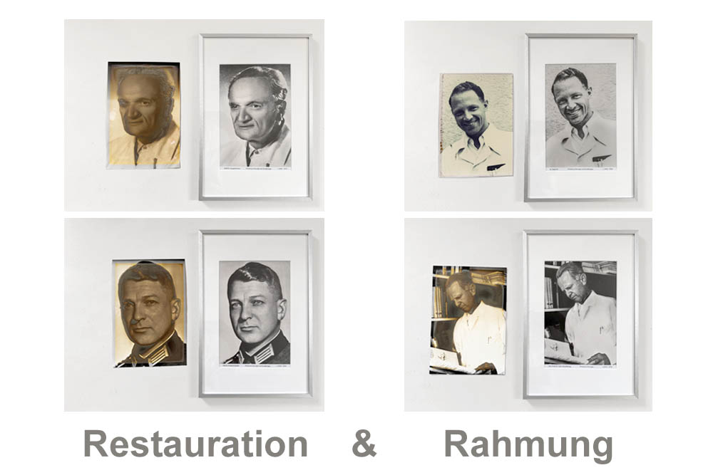 Ahnengalerie aus alten Fotos, die restauriert, vereinheitlicht und neu gerahmt werden.